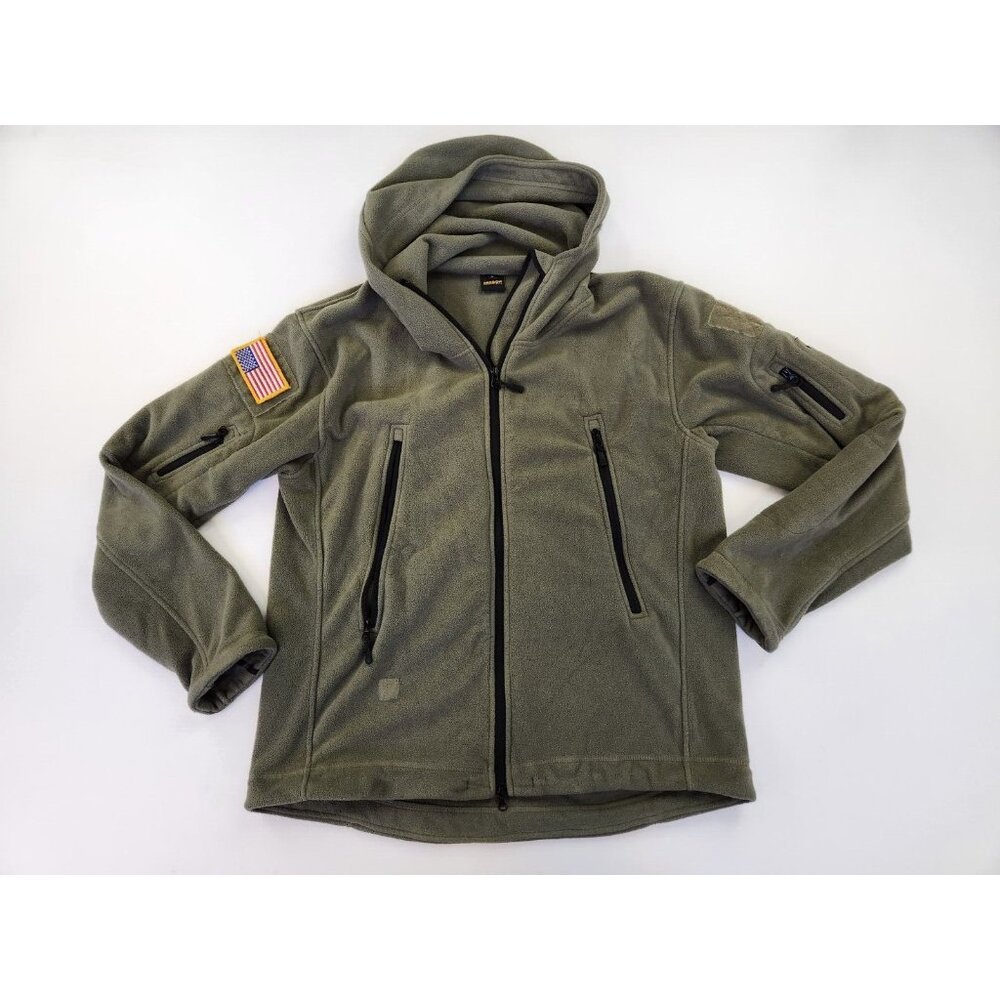 Reebow Gear Men L Full Zip Fleece Jacket Hooded Arm Patches Military Green Hike